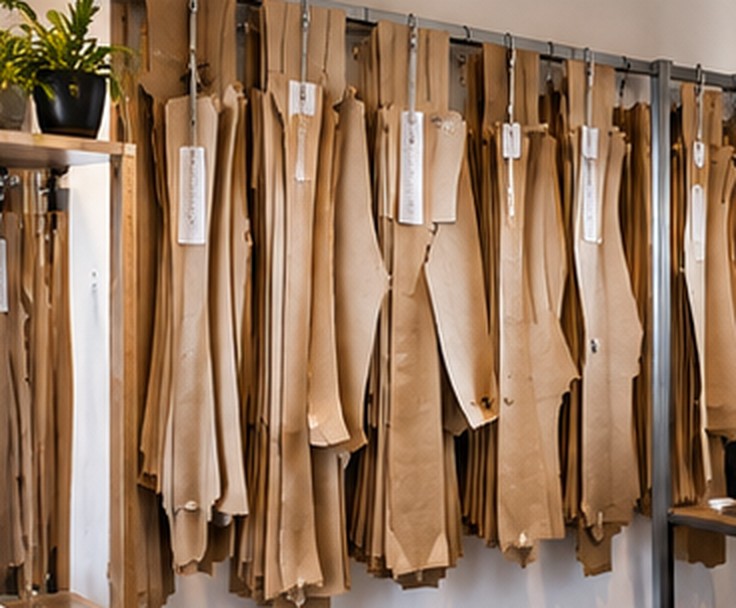 Patrons en papier kraft suspendus et étiquetés le long du mur de l'atelier