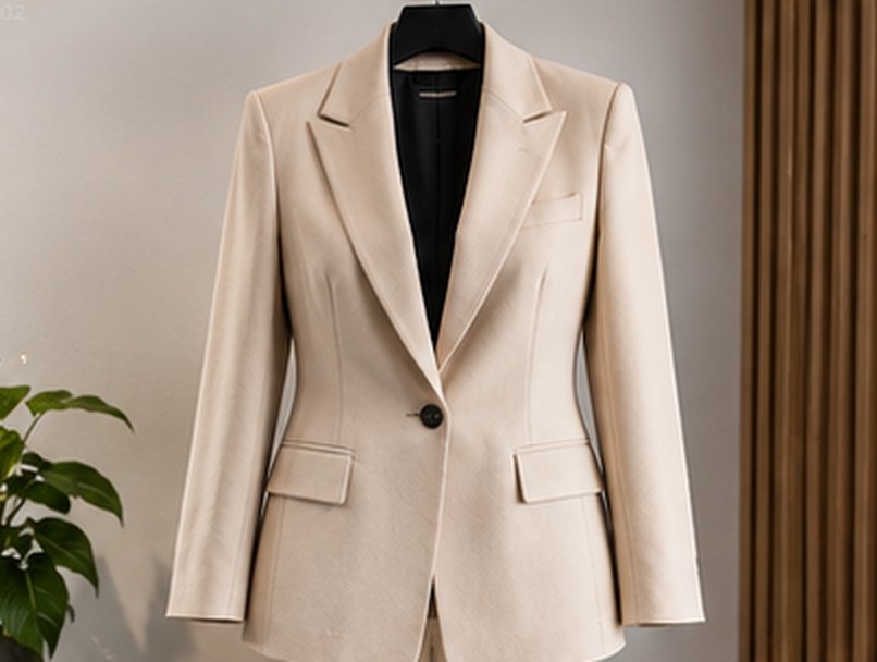 Veste écrue terminée, présentée sur cintre après coupe et montage
