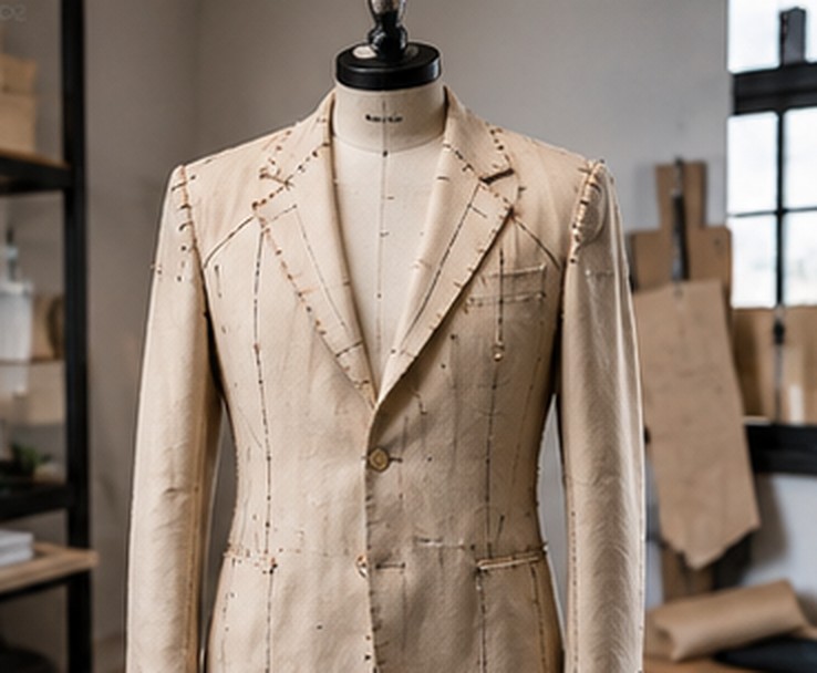 Toile de veste montée et épinglée sur un mannequin de tailleur