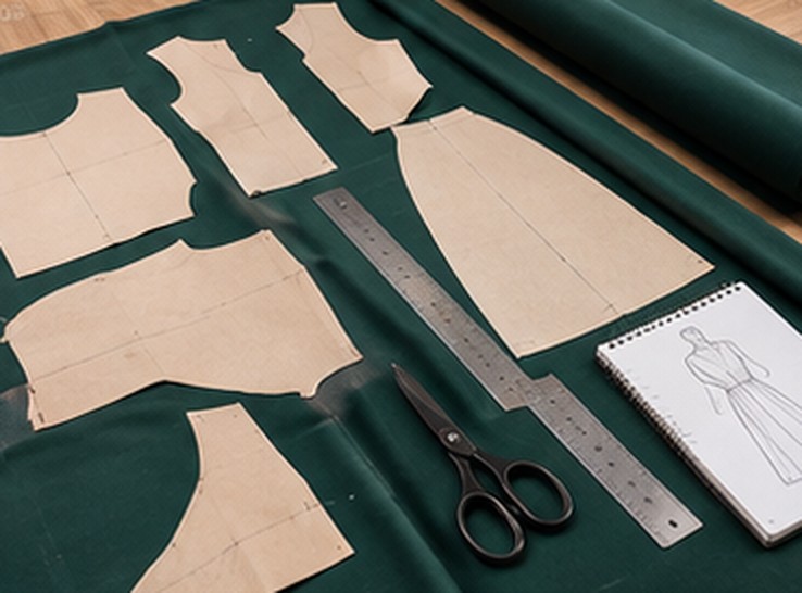 Pièces de patron en papier kraft posées sur le tissu, avec ciseaux et règle de coupe
