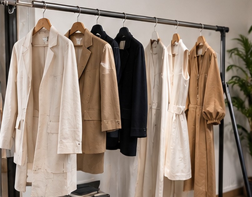 Petite série de vestes et de robes femme alignées sur un portant d'atelier