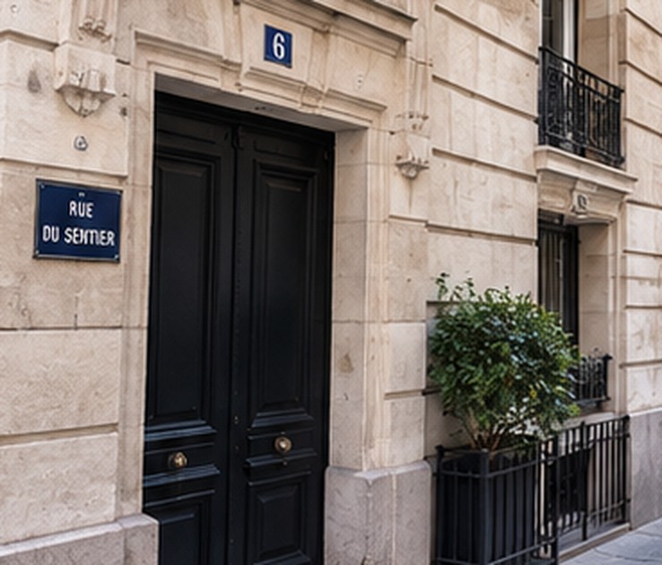 Porte cochère noire rue du Sentier à Paris 2e, entrée de l'atelier de patronage